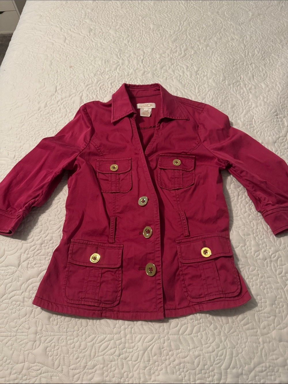 LaRok Raspberry Utility Jacket with Gold Buttons